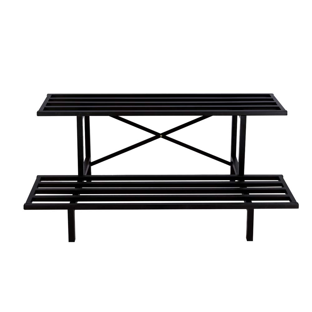 Zhongma two-tier plant stand shows sturdy carbon steel construction for indoor or outdoor use.