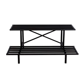 Zhongma two-tier plant stand shows sturdy carbon steel construction for indoor or outdoor use.