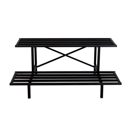 Zhongma two-tier plant stand shows sturdy carbon steel construction for indoor or outdoor use.