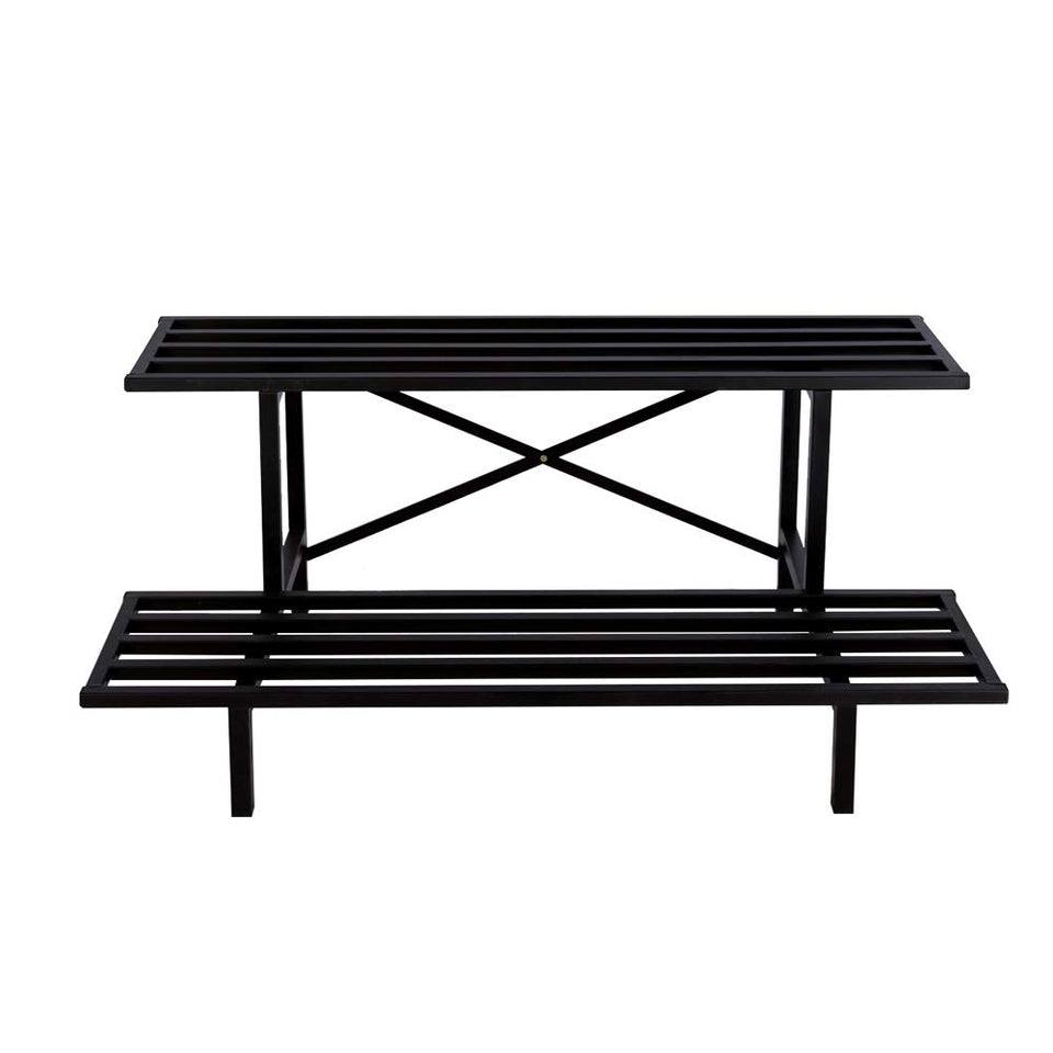 Zhongma two-tier plant stand shows sturdy carbon steel construction for indoor or outdoor use.