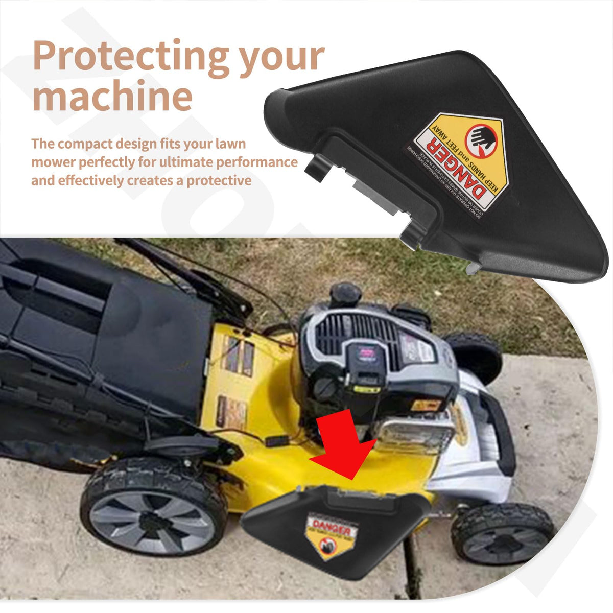 ZHONGXIA debris shield installed on DeWalt mower for cleaner operation.