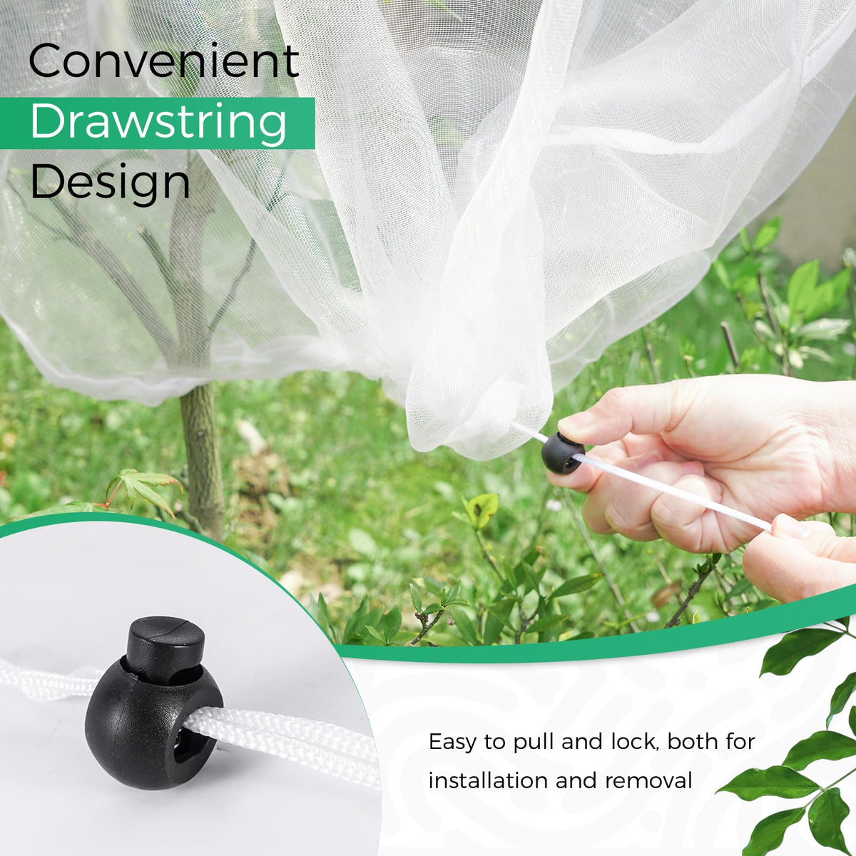 Zihvfzu drawcord bottom netting secures coverage while harvesting.