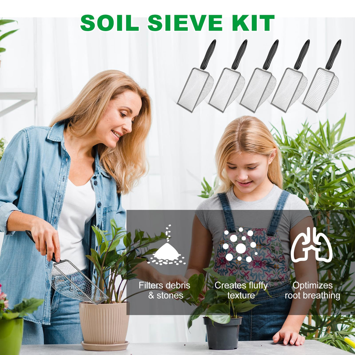 Zihvfzu soil sifter 3.8mm mesh for medium debris removal during potting.