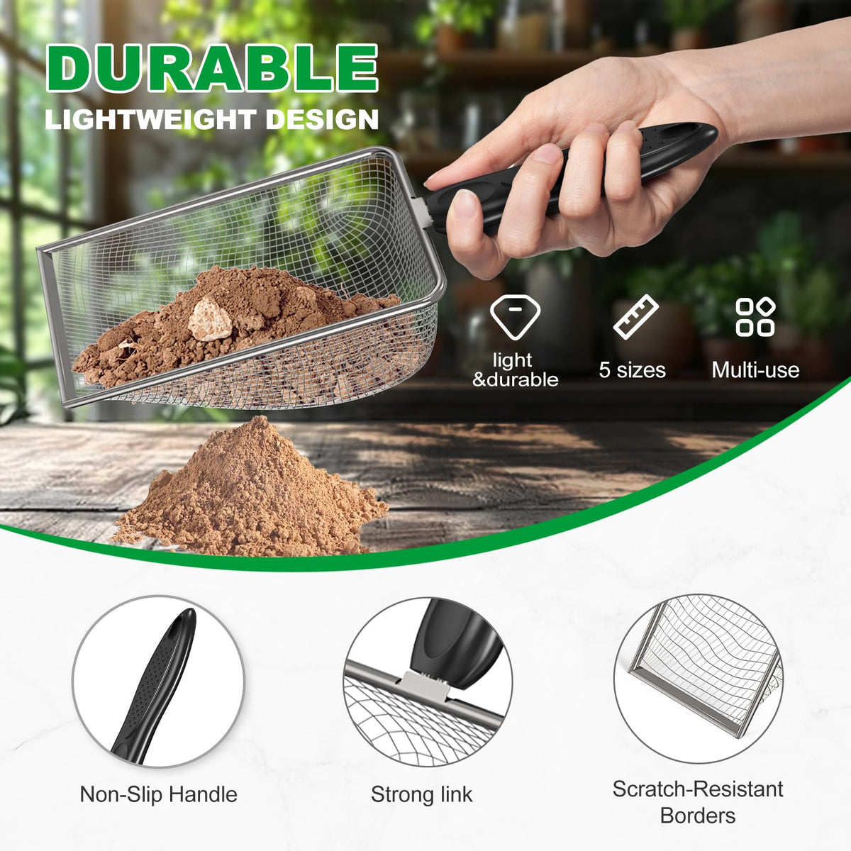 Zihvfzu soil sifter 5mm mesh handles heavier dirt and rock screening with ease.