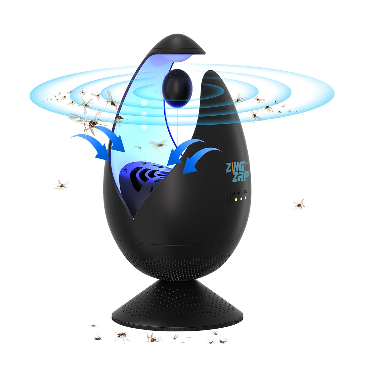 ZingZap indoor mosquito trap with dual bait and blue light attracts indoor mosquitoes effectively.