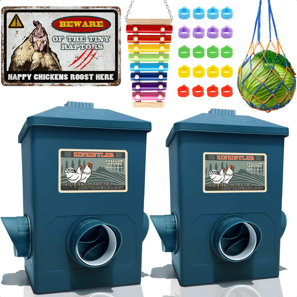 ZINZINULER chicken feeder hanging on mesh keeps feed accessible for flock.