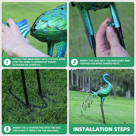 Ziowio metal peacock garden ornament by the water feature.