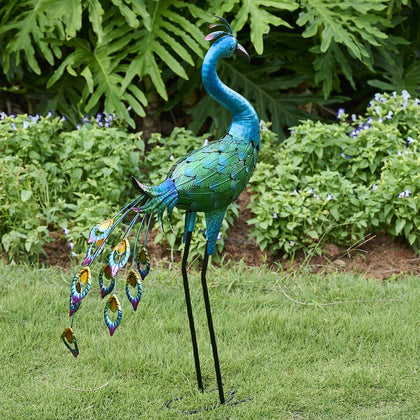 Ziowio metal peacock statue, front view, ideal yard focal point with weatherproof finish.