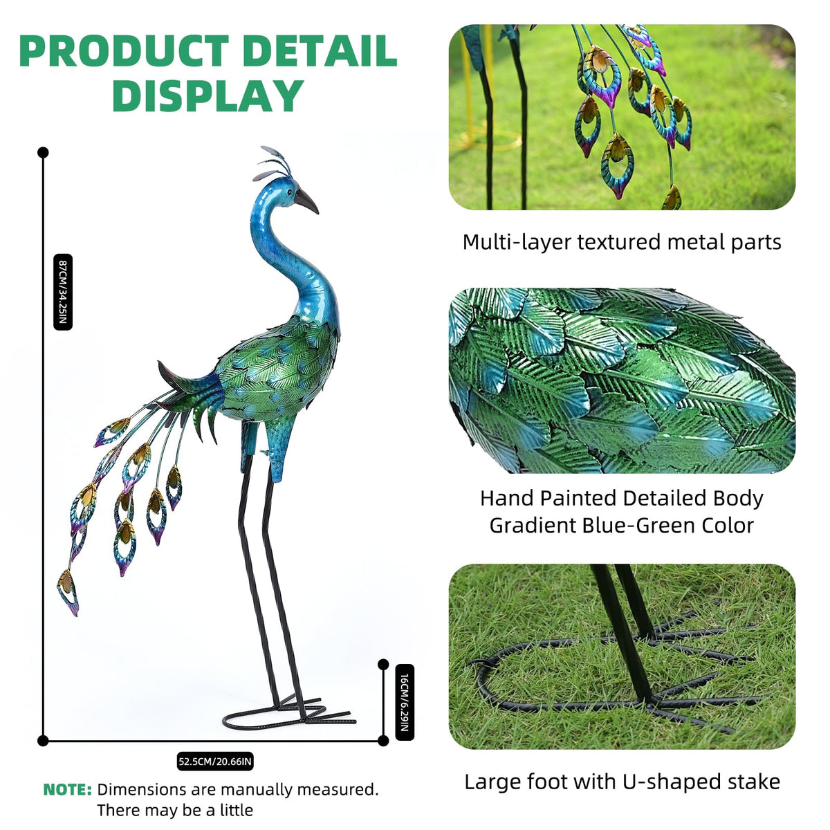 Ziowio outdoor peacock yard art stands tall, a dramatic garden centerpiece.