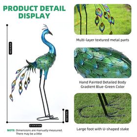Ziowio outdoor peacock yard art stands tall, a dramatic garden centerpiece.