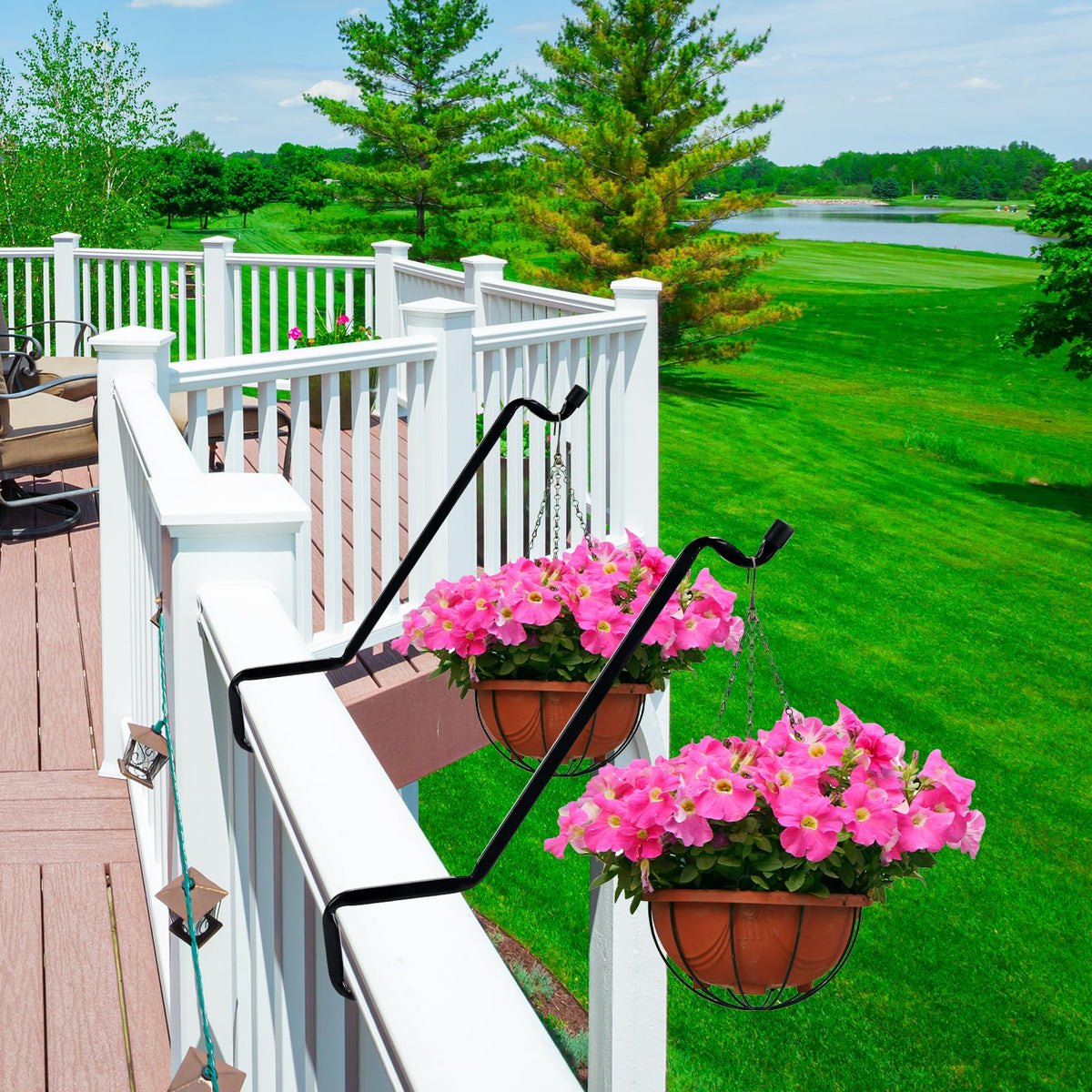 Ziroland deck hook rail hanger suspending a plant pot on a railing.