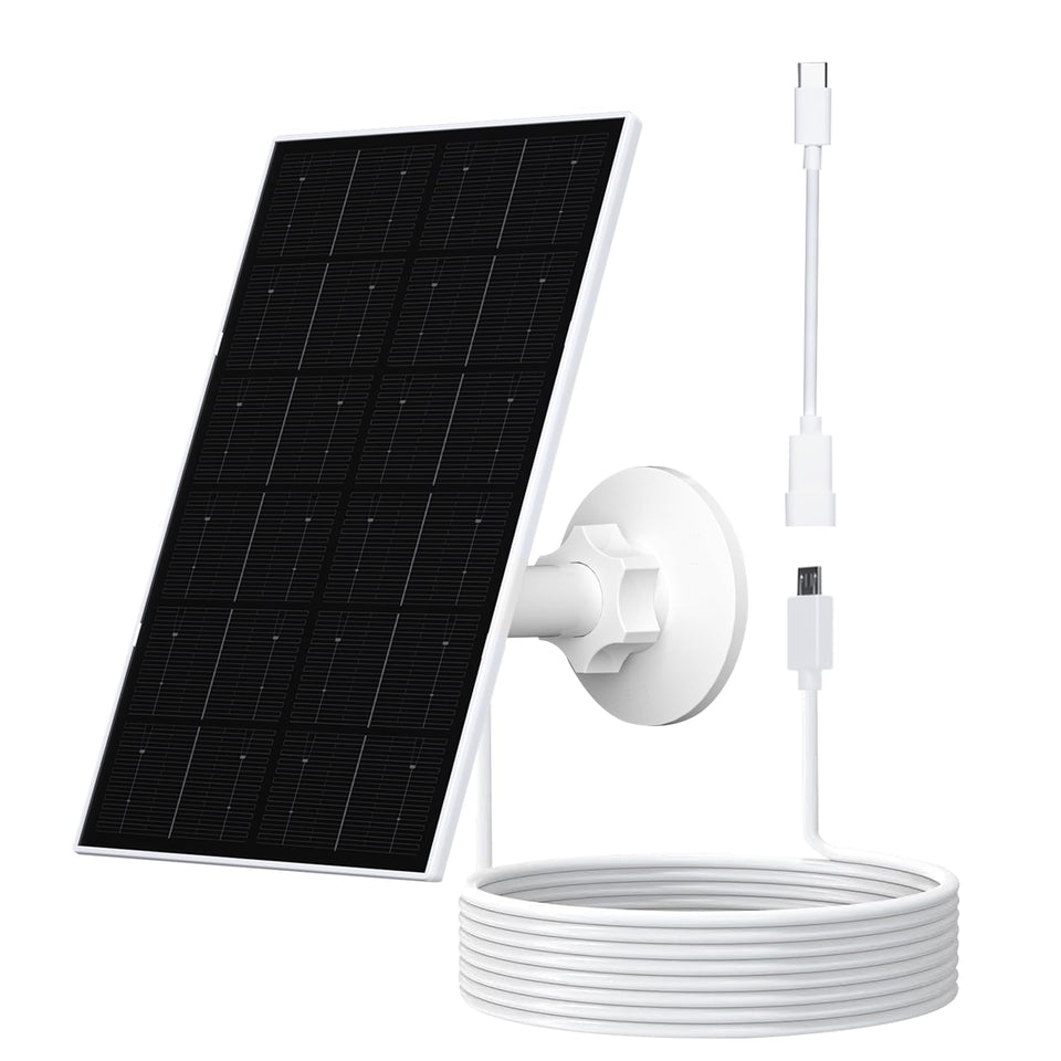 Zivif USB solar panel installed for a wall-mounted security camera, powering continuously.