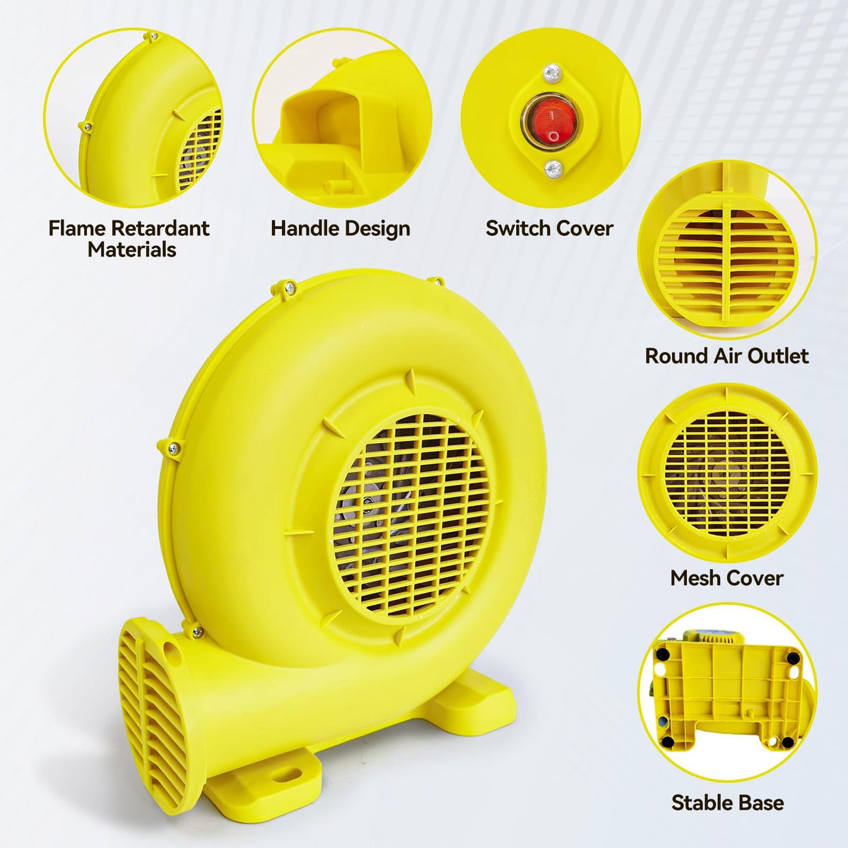 Ziziella Bounce House Blower double-sided fan blades illustrating faster inflation with quiet operation.