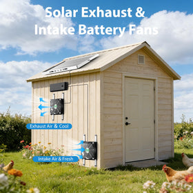 ZIZIWIN solar fan cools a greenhouse by exhausting hot air.