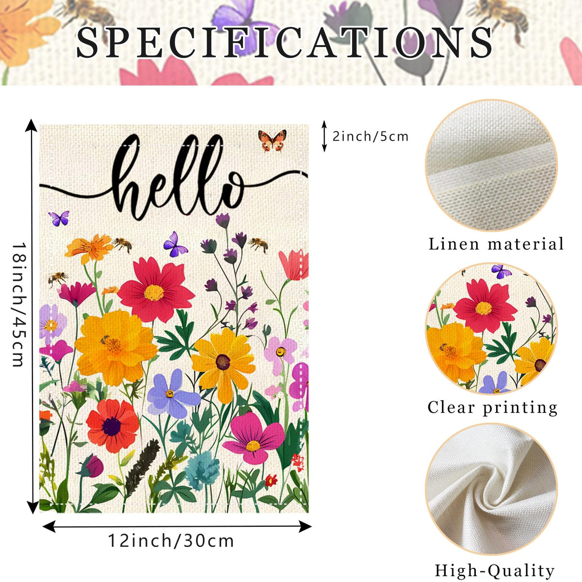 ZJWZSLI Hello Spring flag flowers back view showcases double-sided design withstands sun
