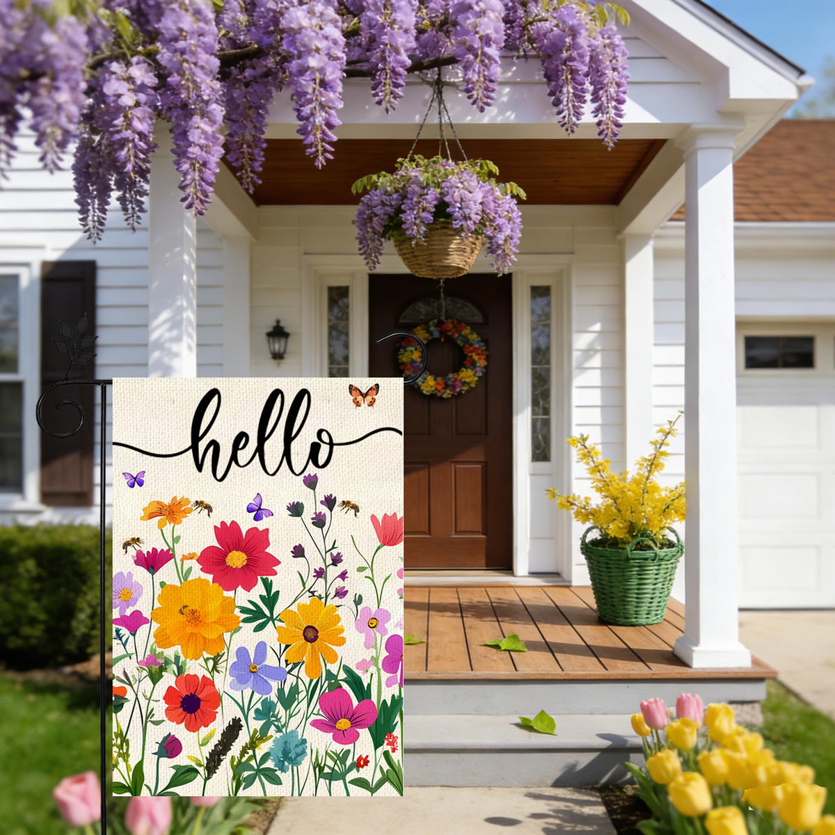 ZJWZSLI Hello Spring flag outdoor decor accent for decks and fences
