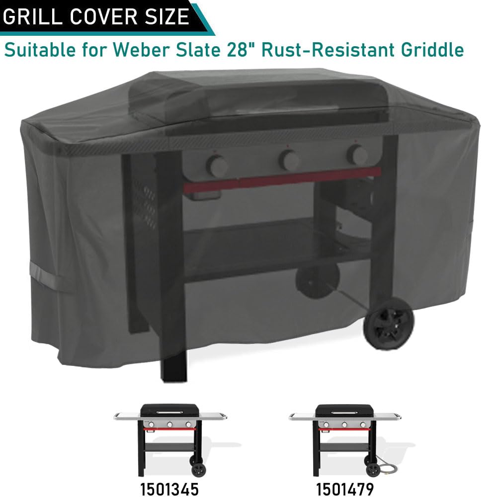 ZJYWSCH Weber Slate 28-inch cover with Velcro straps ensures a secure fit against wind.