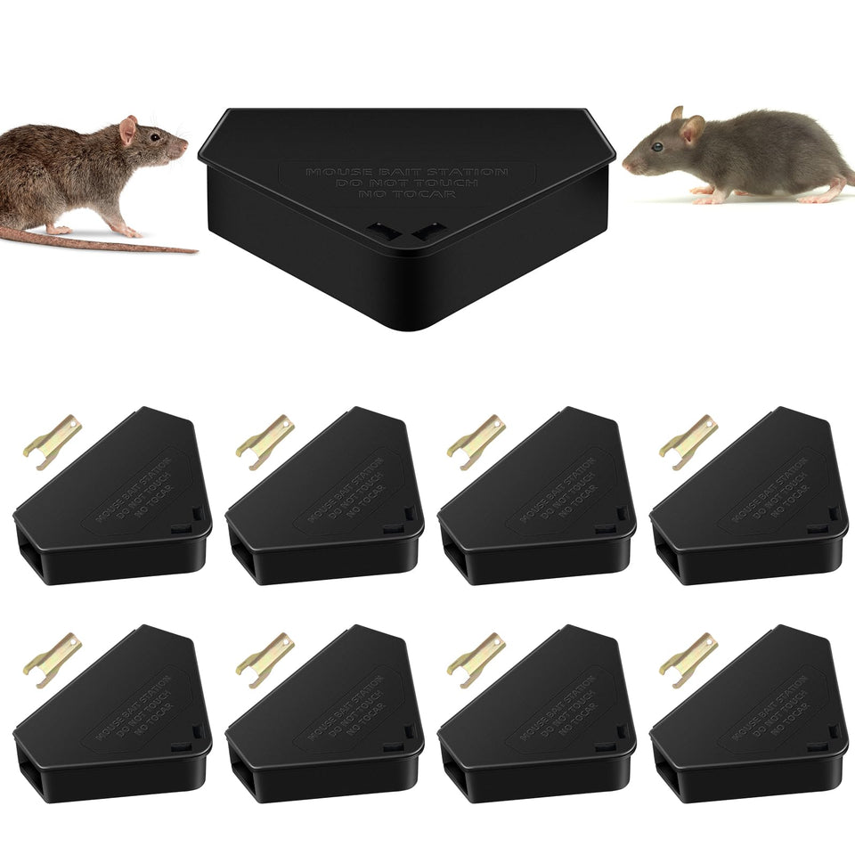 ZLieatmp 8-pack mouse station with keys for secure bait access indoors.