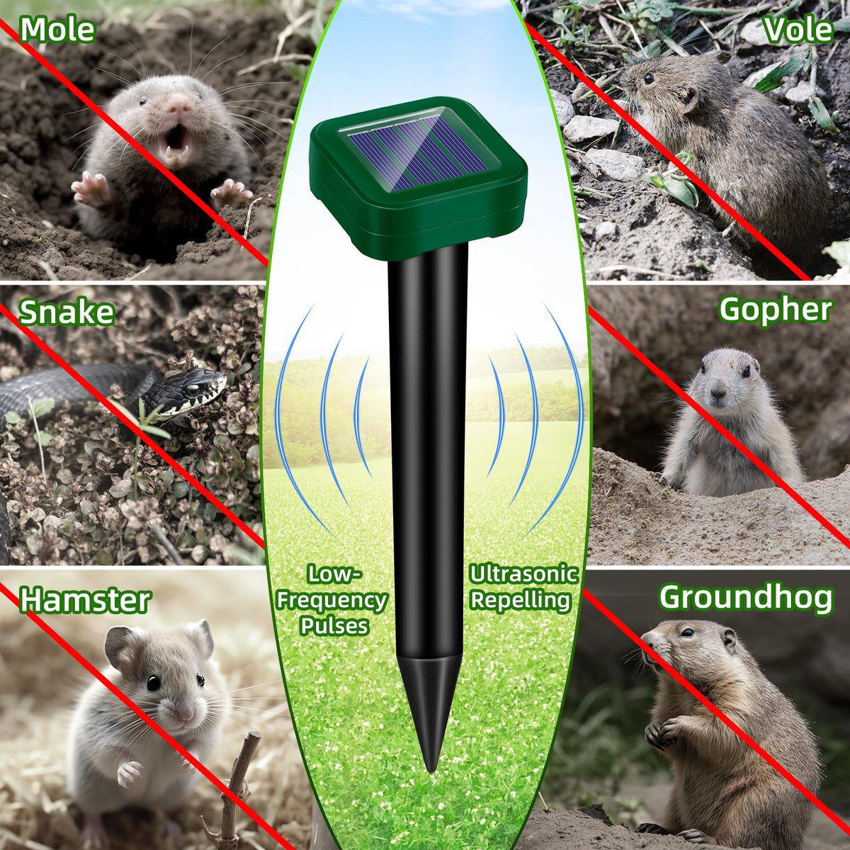ZLieatmp mole repellent solar-powered stake close-up for continuous soil coverage