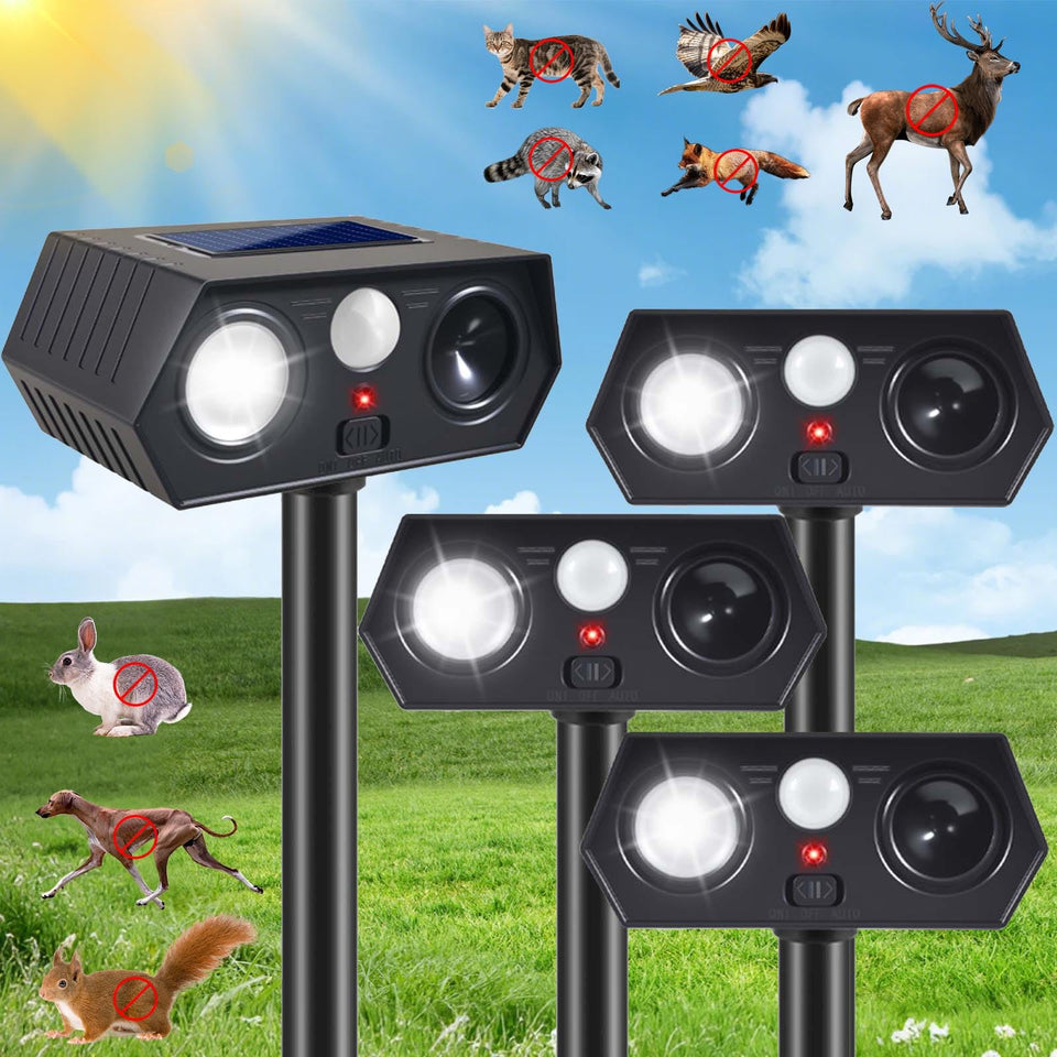 ZLieatmp solar animal deterrent device in garden front view protects plants from wildlife