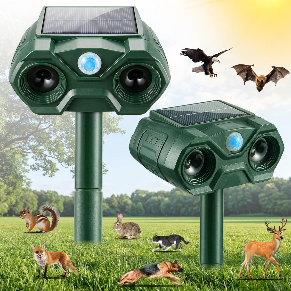 ZLieatmp Solar Animal Repellent front view for outdoor wildlife deterrence.