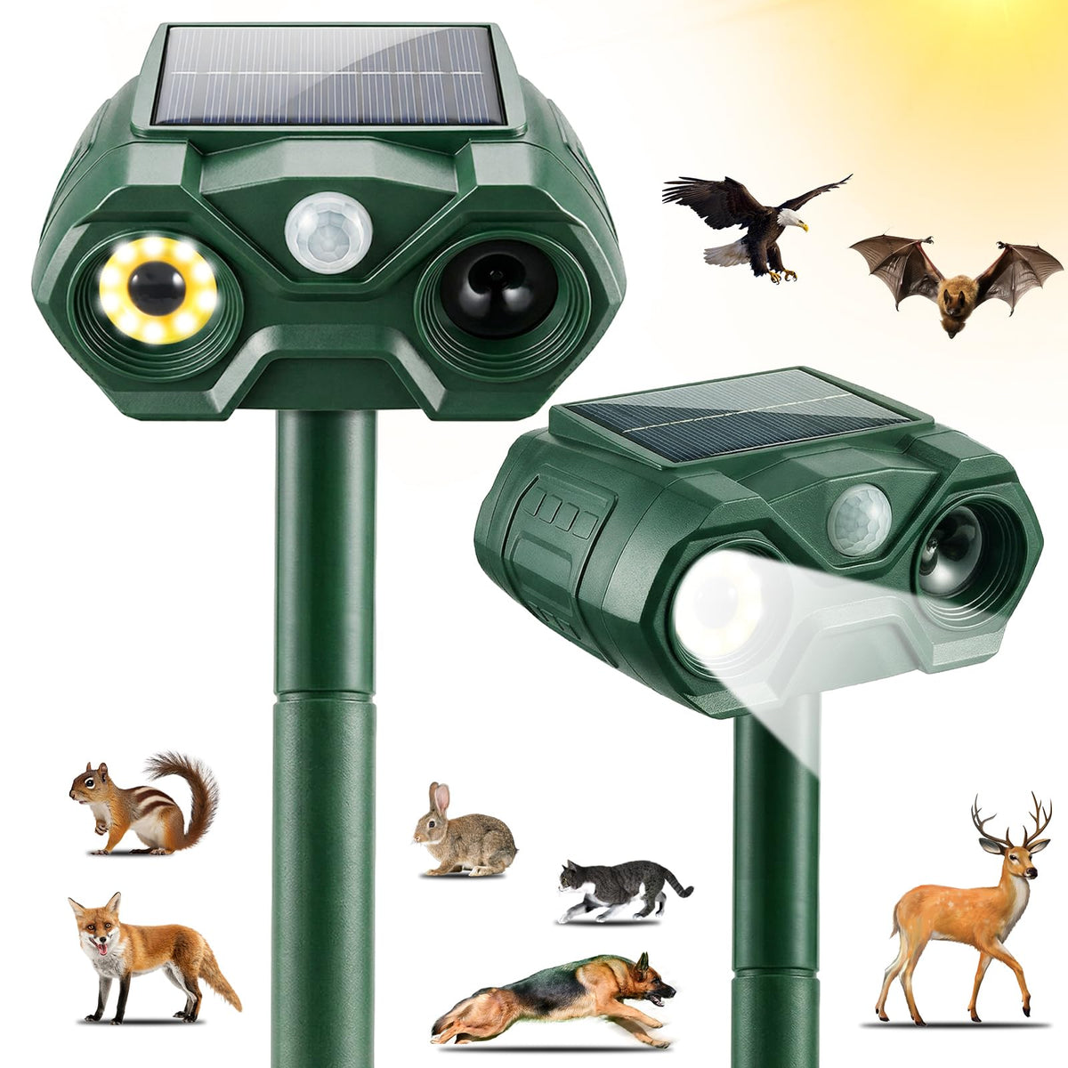 ZLieatmp solar animal repeller front view with motion sensor and lights deterring pests