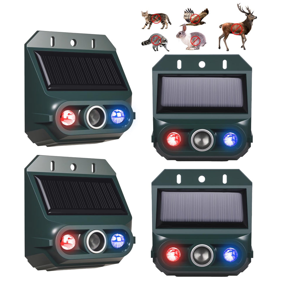 ZLieatmp solar ultrasonic nocturnal repeller front view with predator-like LEDs for yard deterrence.