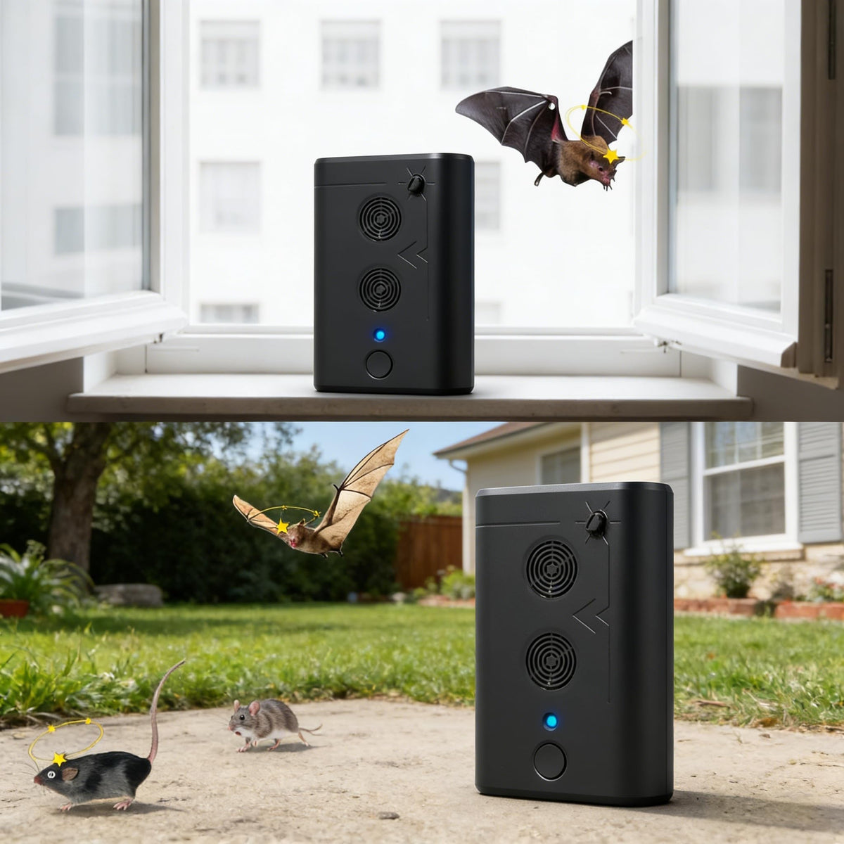 Outdoor setup showing plug in device deterring bats with silent waves