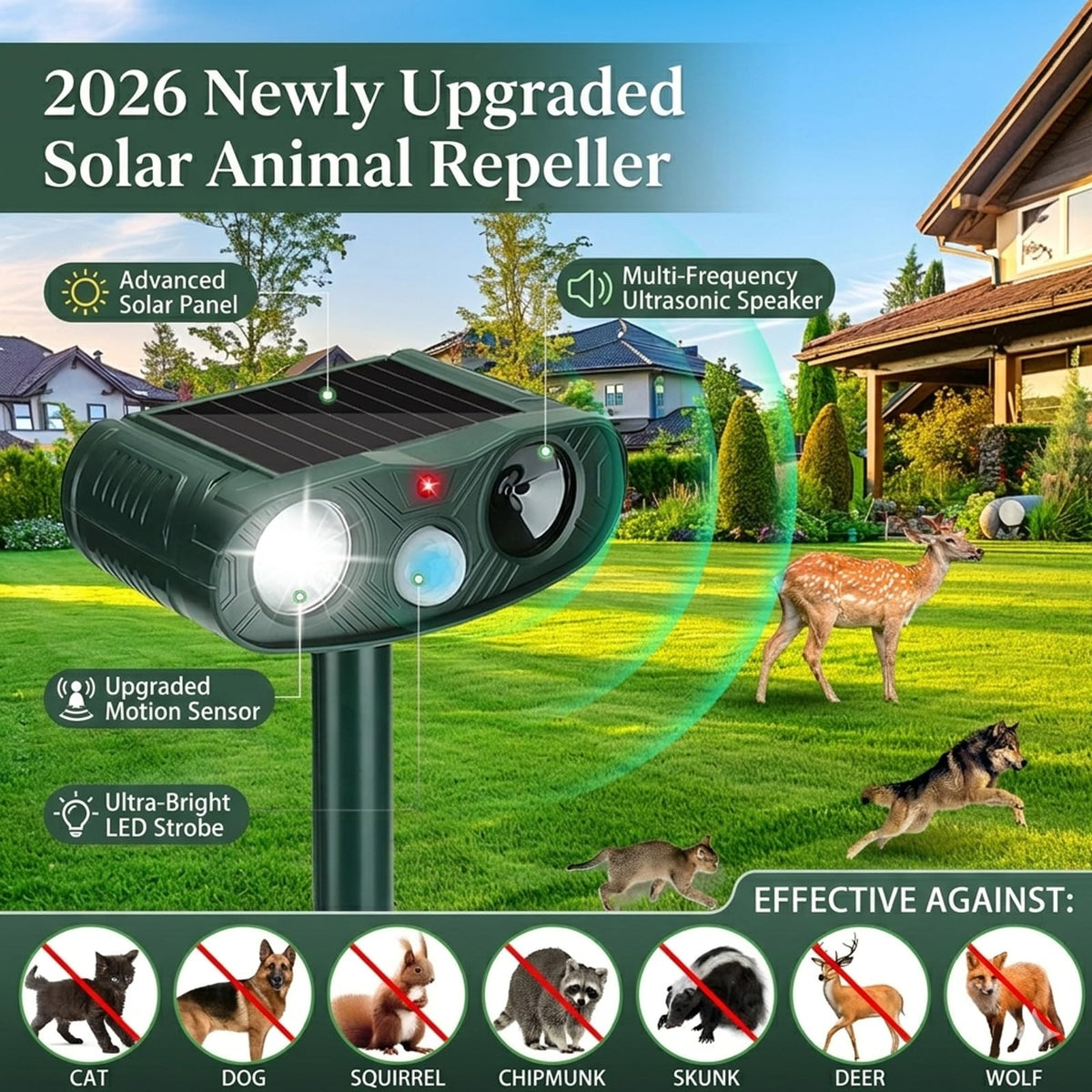 ZLieatmp ultrasonic deterrent sounds paired with LED flash for deterrence.