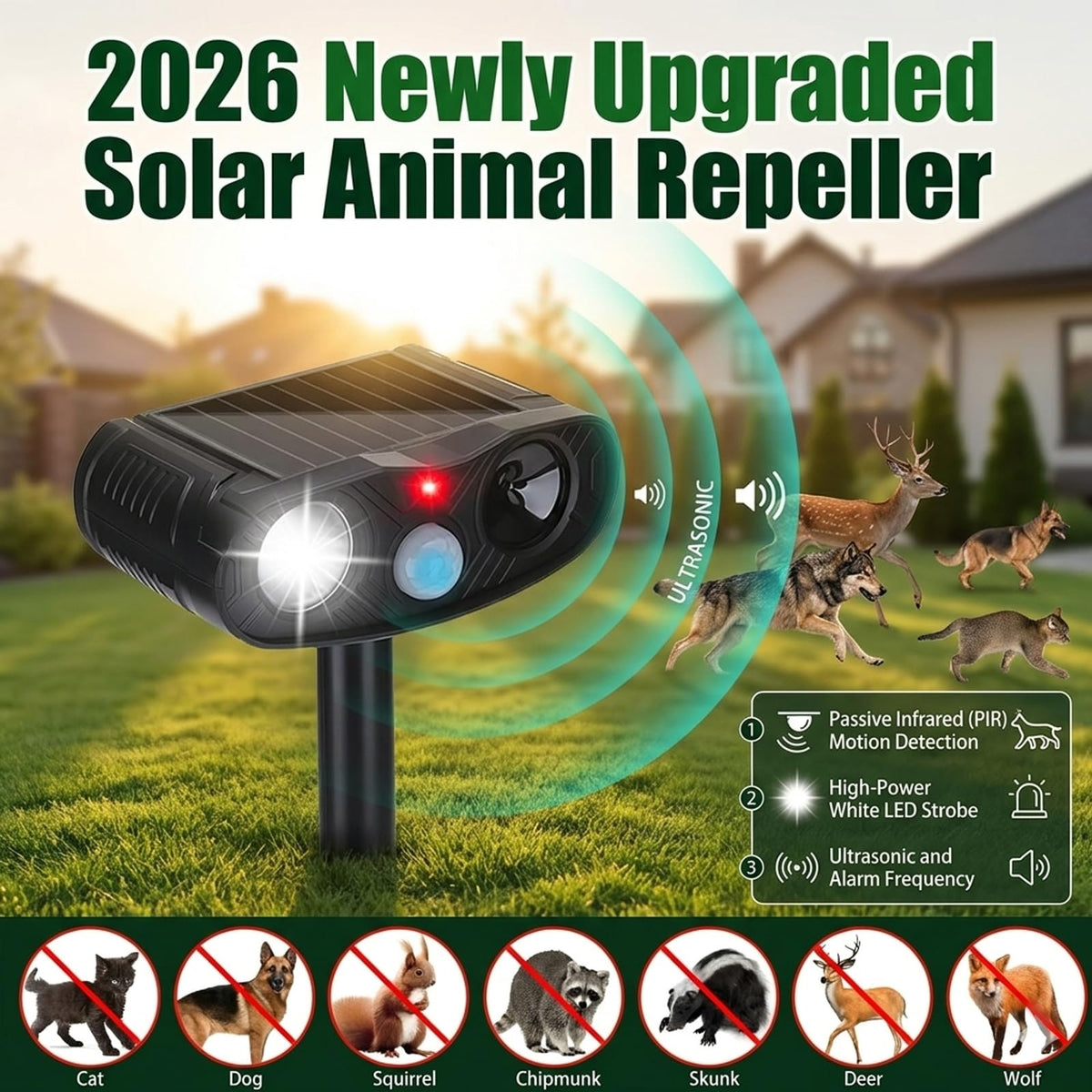 ZLieatmp weatherproof cat repeller protecting outdoor spaces with solar power.