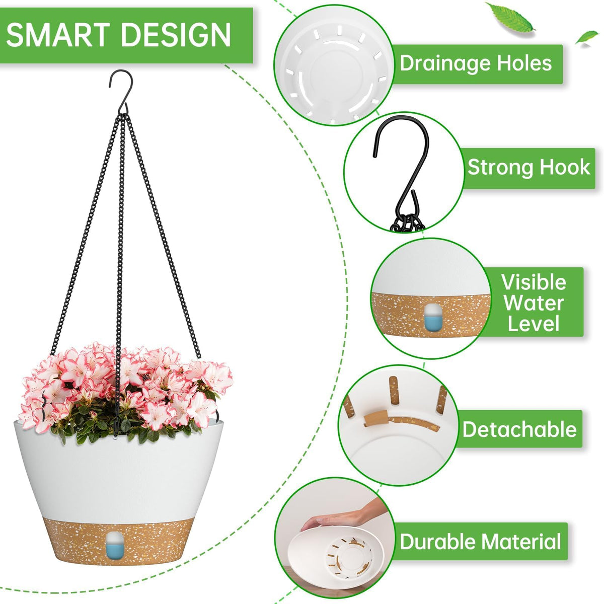 ZMTECH hanging planter features a stainless triangle chain for strong, rust-resistant support.