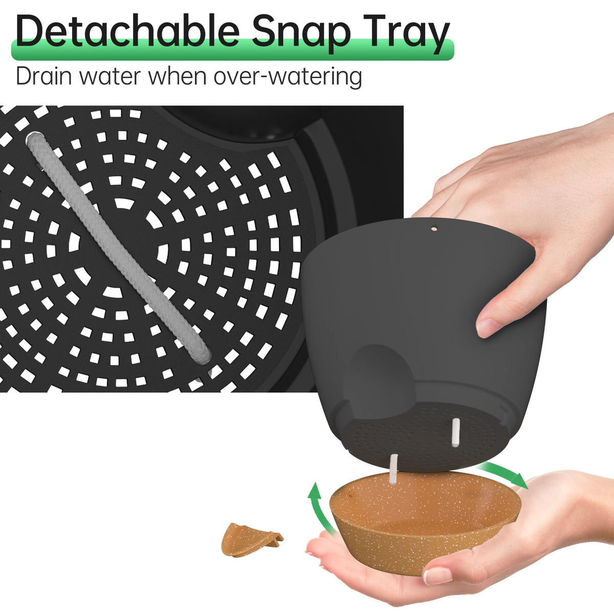 ZMTECH removable saucer and watering lip close-up for easy observation of water levels.