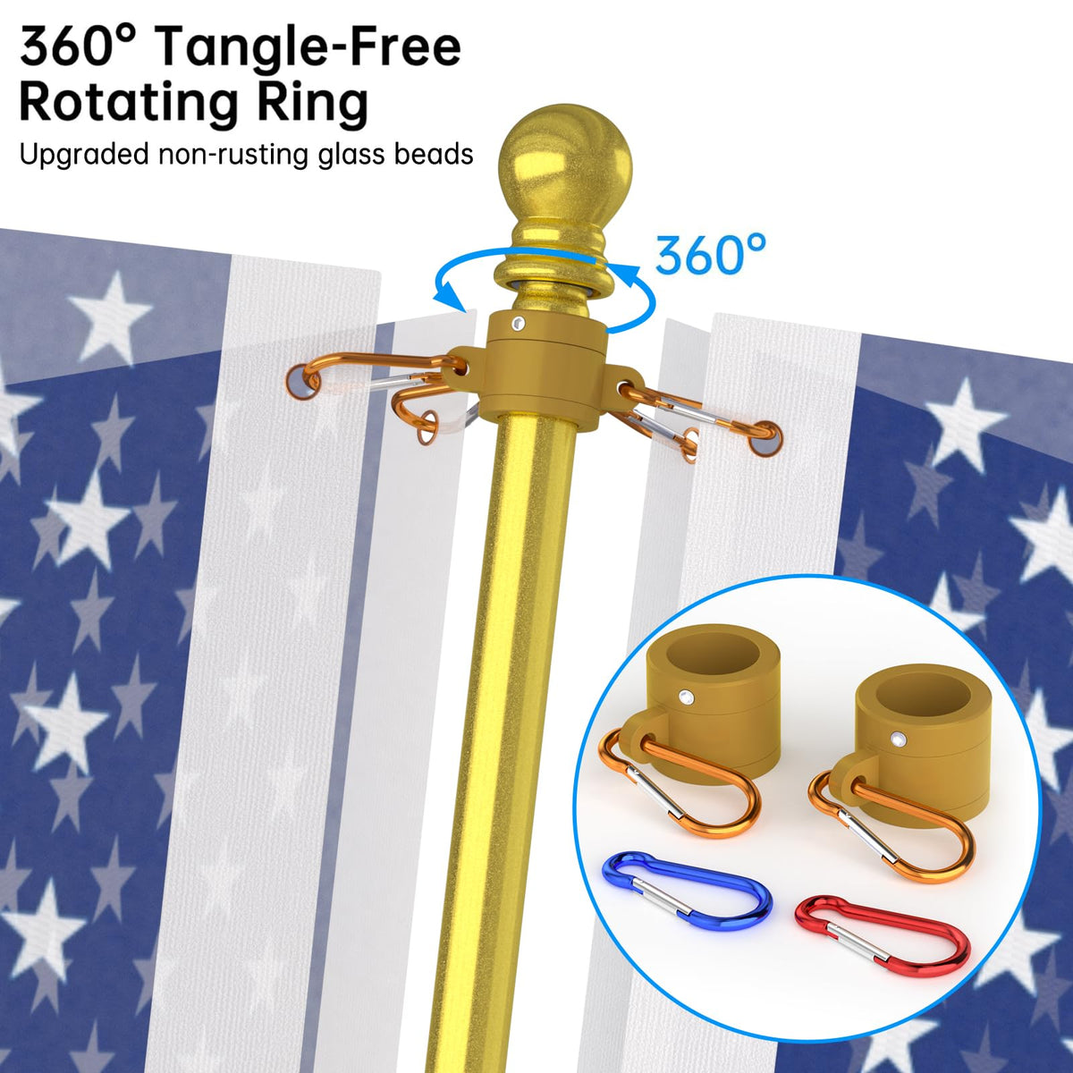ZMTECH tangle-free rings with glass beads for smooth flag rotation