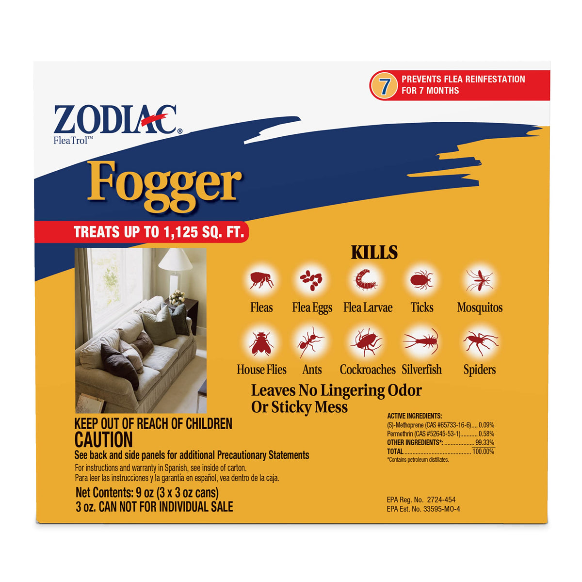 Zodiac Fogger with PRECOR growth regulator for long-lasting flea control.