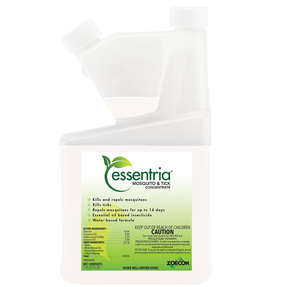 ZOECON Essentria Mosquito and Tick concentrate bottle for eco-friendly pest control with essential oils.