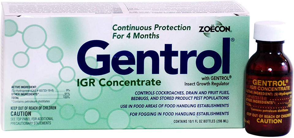 ZOECON Gentrol Concentrate bottle pour showing easy application for pest growth control