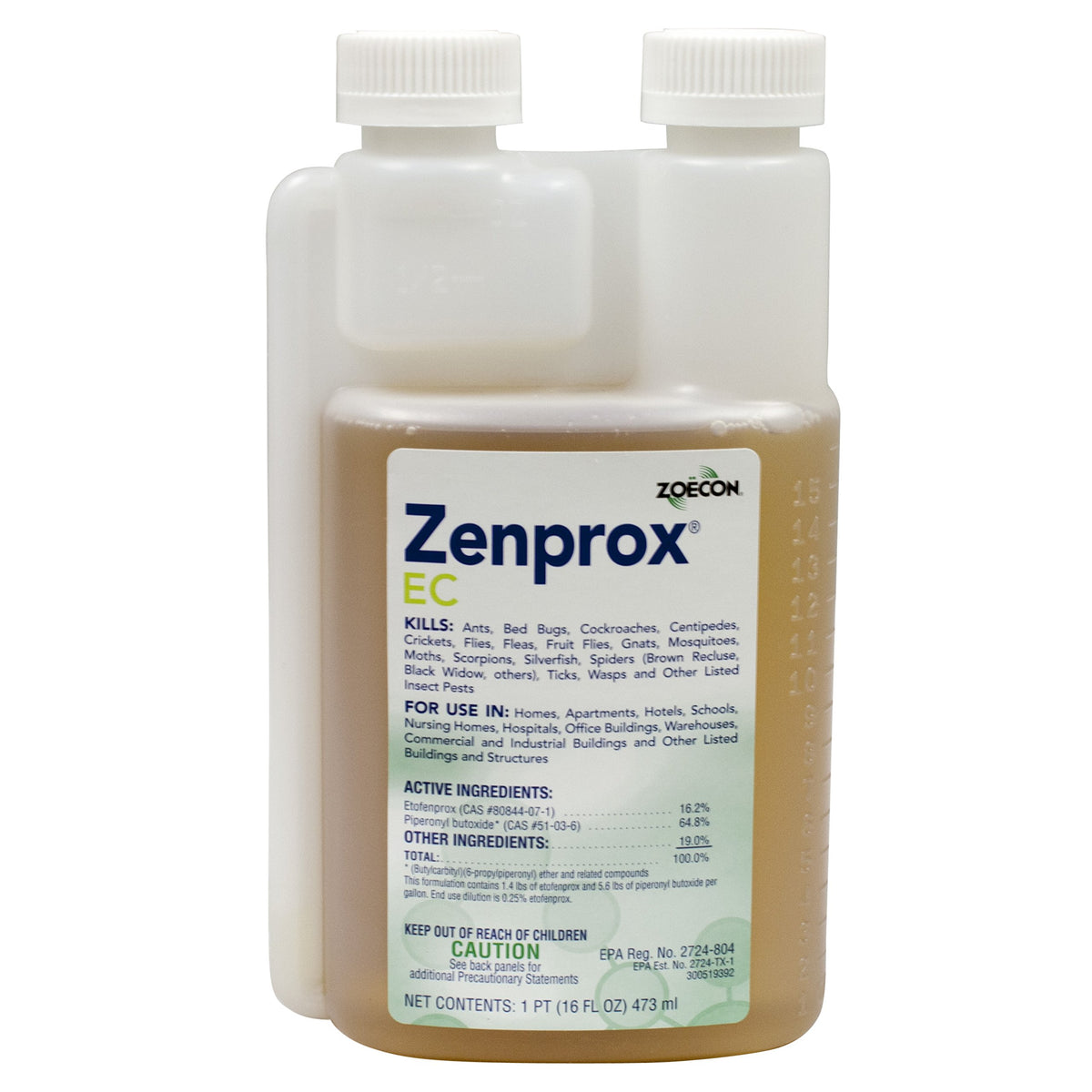 ZOECON Zenprox EC insecticide in a clear bottle for indoor/outdoor bed bug control