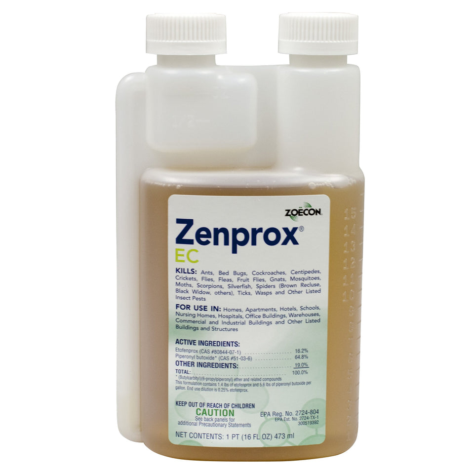 ZOECON Zenprox EC insecticide in a clear bottle for indoor/outdoor bed bug control