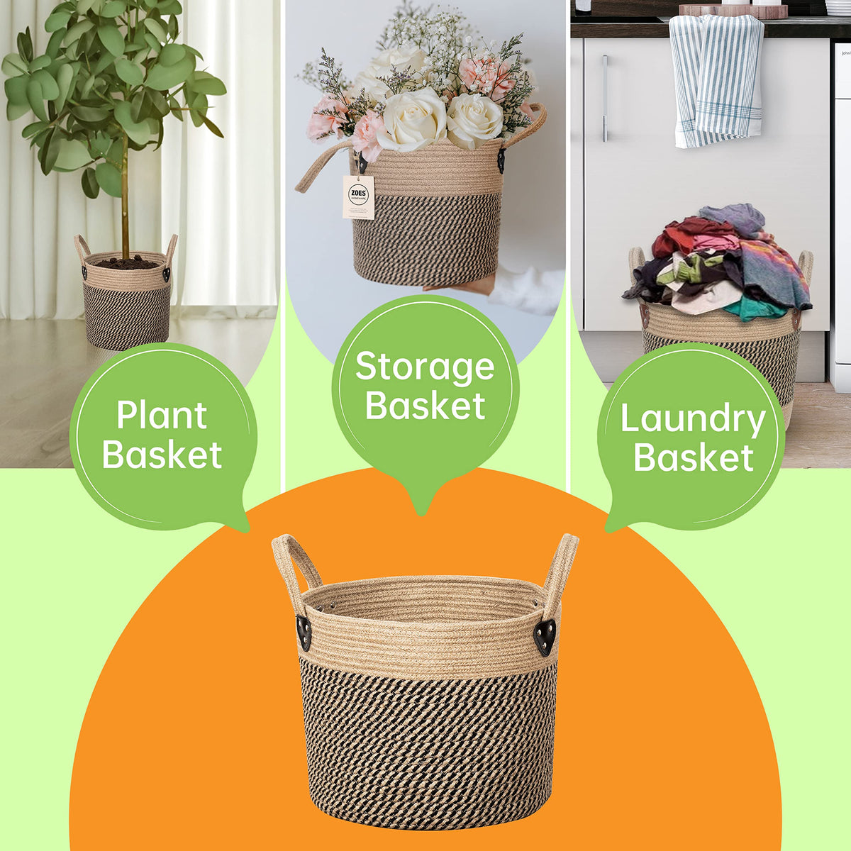 ZOES HOMEWARE basket with sturdy handles, easy to move