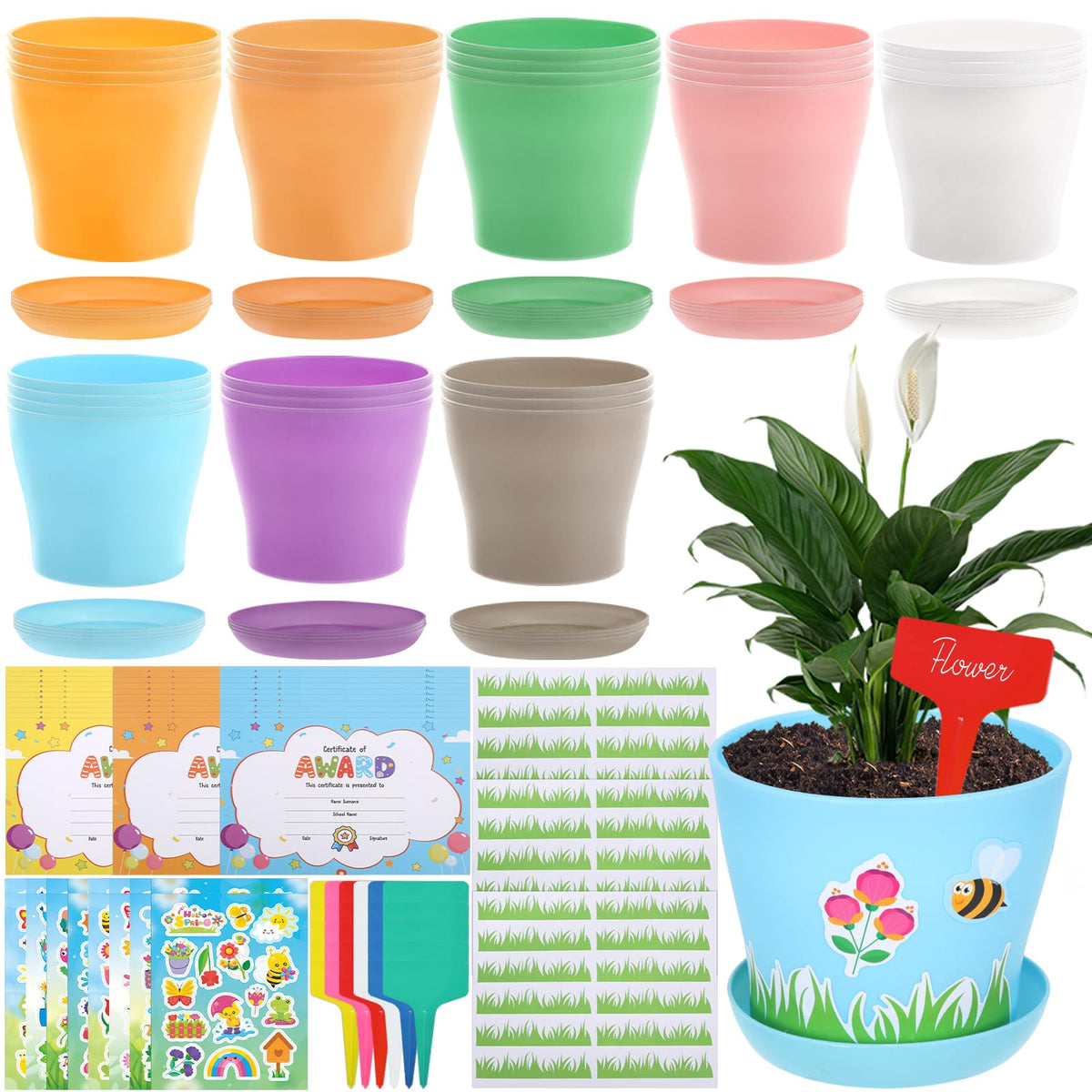 Zoketriton resin garden pots with tray for tidy drainage in classroom projects.
