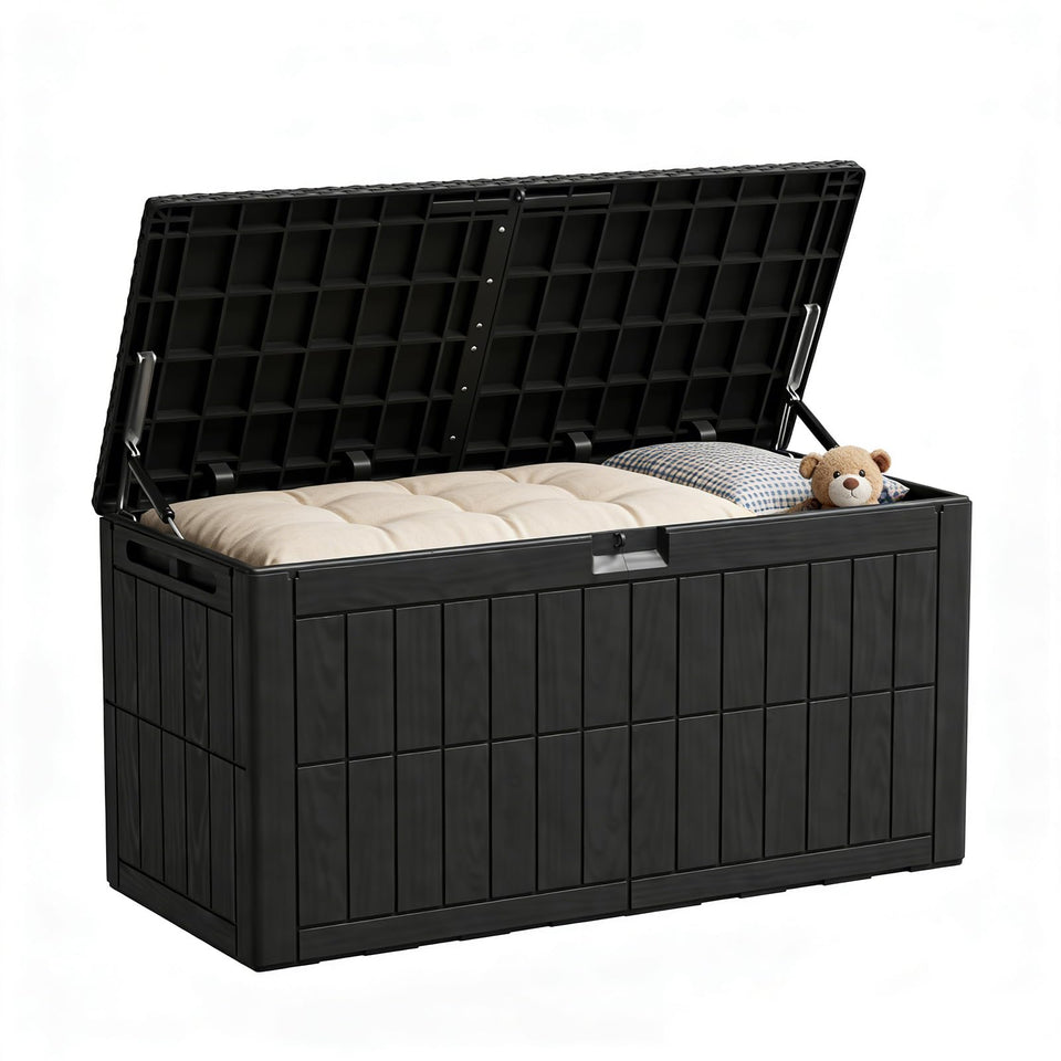 ZOMEYLPO 100-gallon deck box with lid and handle for easy access and ample storage.