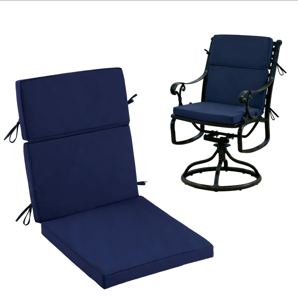 Zonamat high-back patio cushion in navy blue for outdoor dining comfort