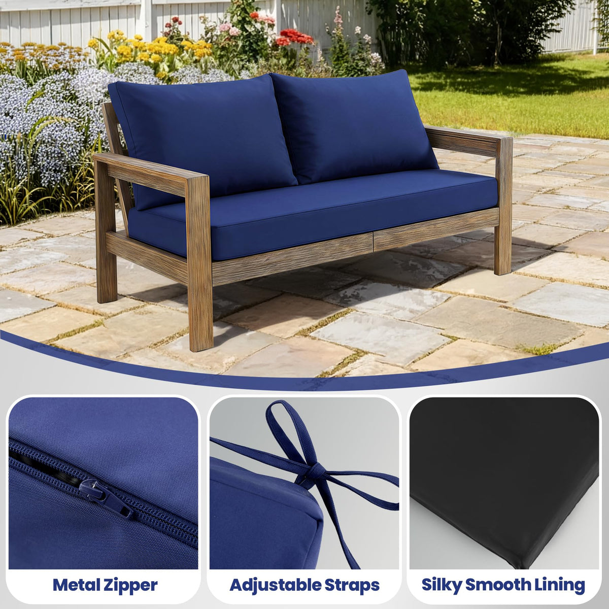 Zonamat adjustable straps keep cushions securely in place on windy days.