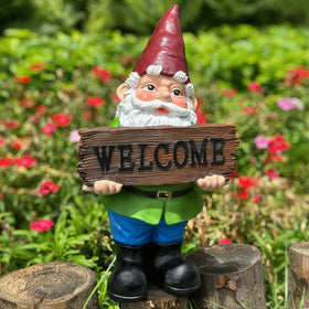 Zonling gnome with welcome sign decor for porch and garden, inviting guests.