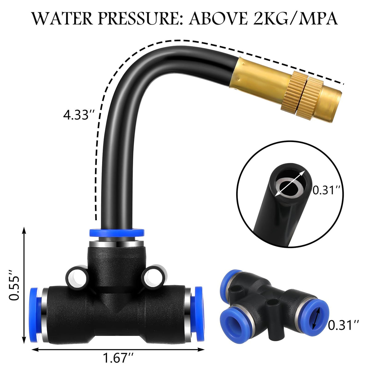 Zonon 360 degree rotating misting nozzle tee for flexible outdoor cooling.
