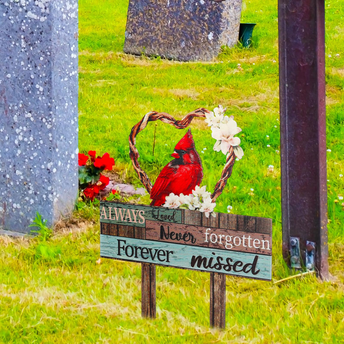 Zonon Cardinal grave stake green woodgrain to blend with lawn memorials