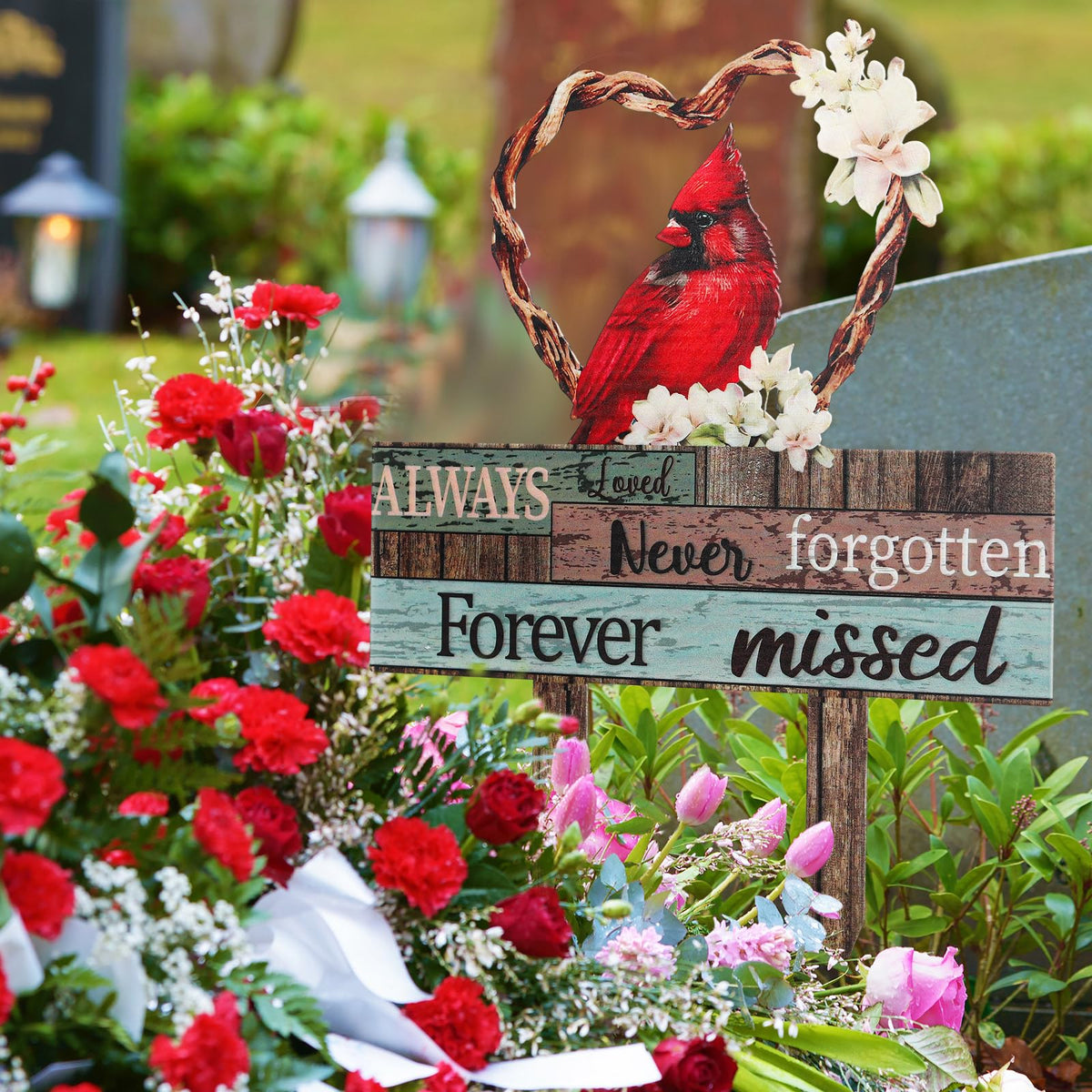 Zonon Cardinal grave stake on patio or gravesite for serene tribute