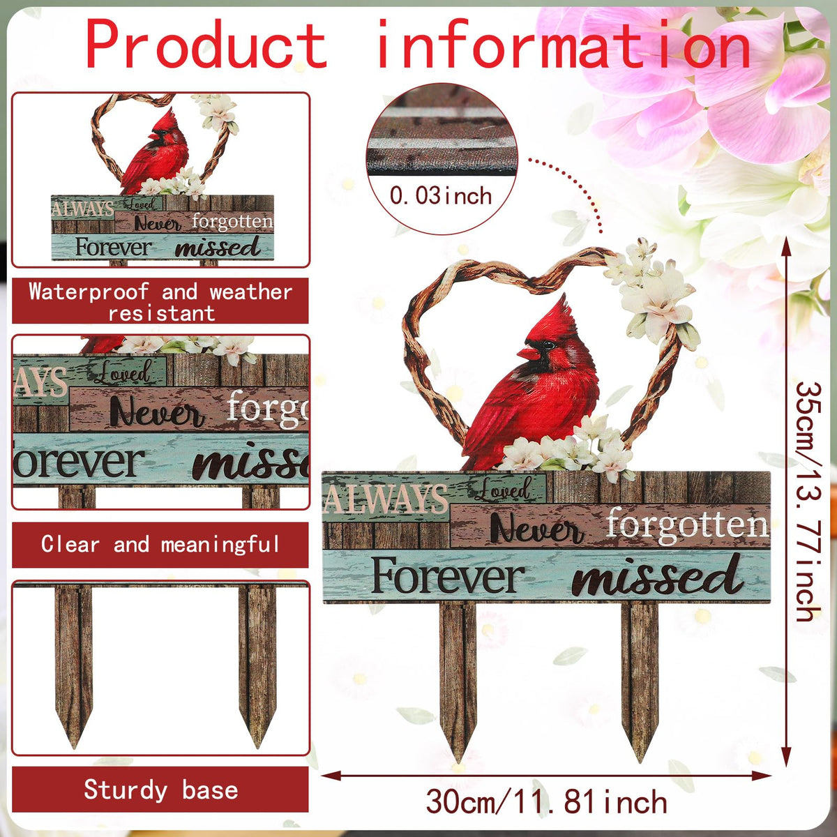 Zonon Cardinal grave stake red woodgrain finish for durable gravesite decor