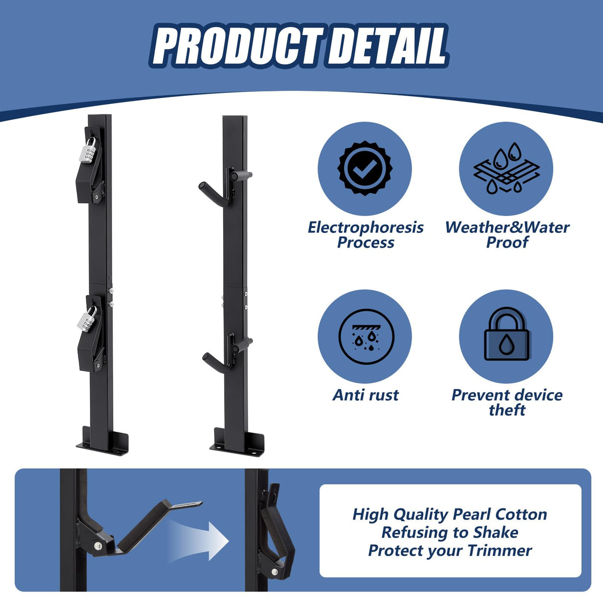 Foam-padded hooks prevent trimmer rotation during transport on Zonon rack