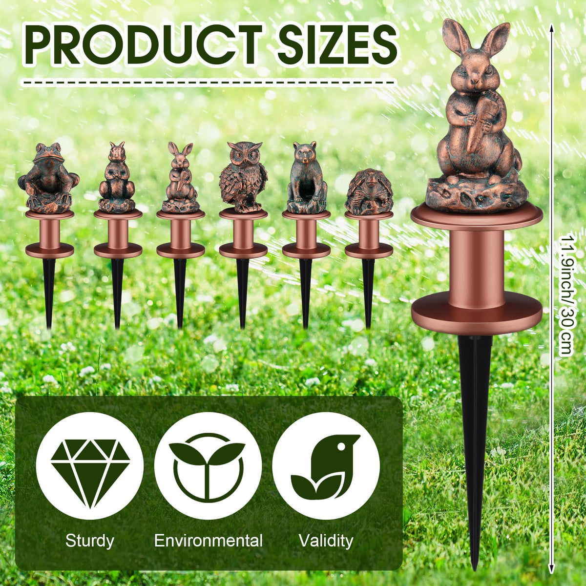 Zonon antique copper hose guide with spike base protects plants during watering.